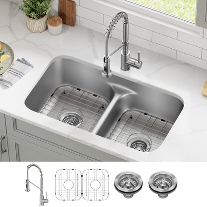 KRAUS Ellis 32" Undermount Kitchen Sink Combo Set with Bolden 18" Pull-Down Commercial Kitchen Faucet in Stainless Steel - KCA-1200