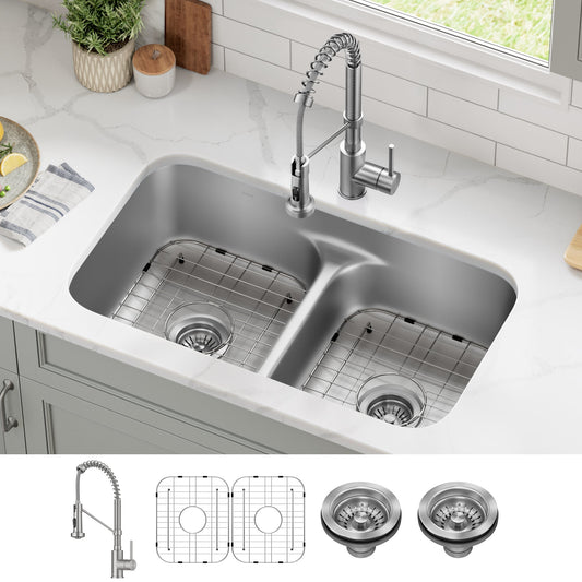 KRAUS Ellis 32" Undermount Kitchen Sink Combo Set with Bolden 18" Pull-Down Commercial Kitchen Faucet in Stainless Steel - KCA-1200