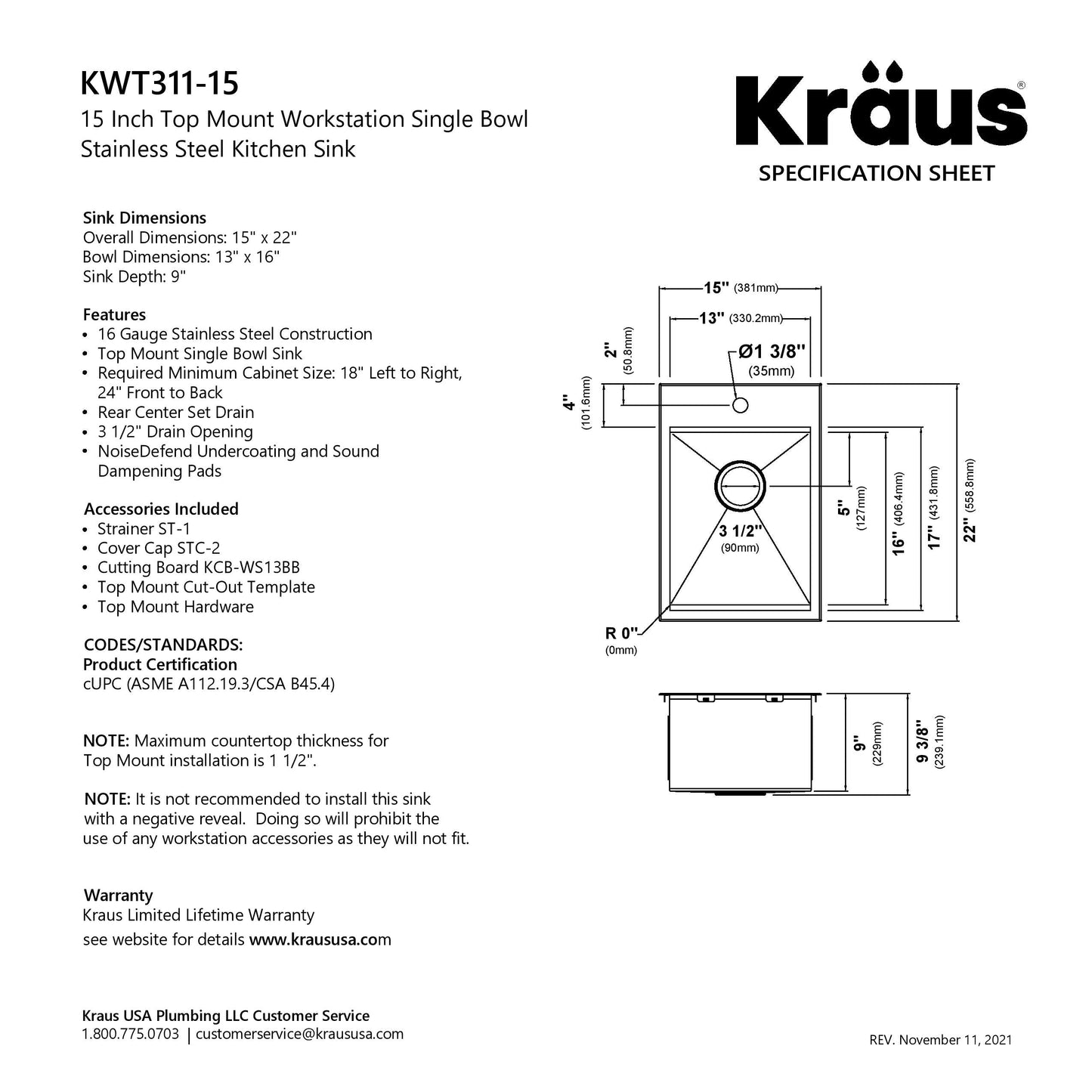KRAUS Kore 15" Drop-In Workstation 16 Gauge Stainless Steel Single Bowl Kitchen Bar Sink with Accessories - KWT311-15