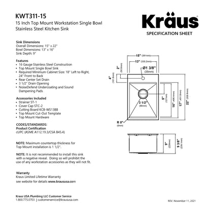 KRAUS Kore 15" Drop-In Workstation 16 Gauge Stainless Steel Single Bowl Kitchen Bar Sink with Accessories - KWT311-15