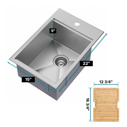 KRAUS Kore 15" Drop-In Workstation 16 Gauge Stainless Steel Single Bowl Kitchen Bar Sink with Accessories - KWT311-15