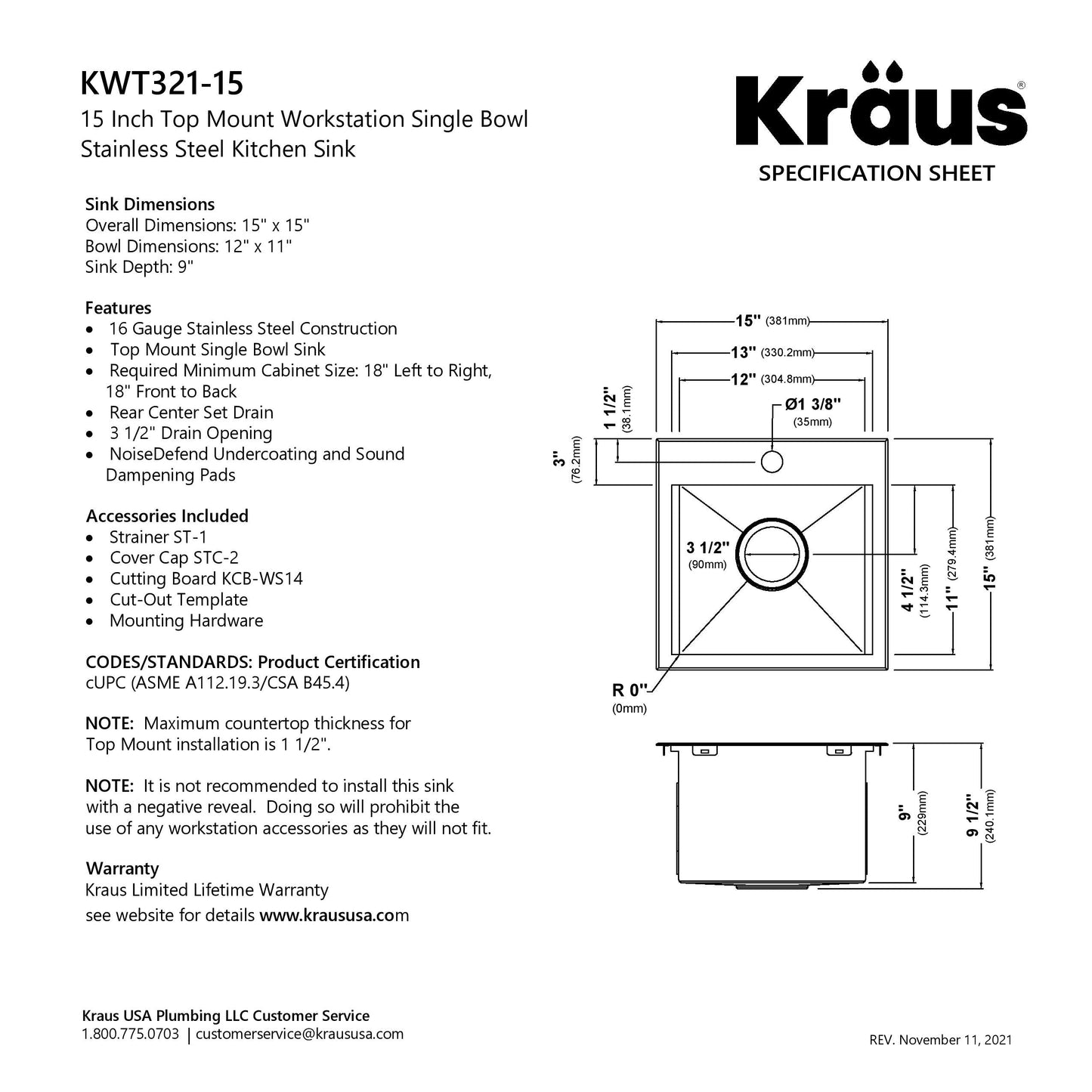 KRAUS Kore 15" Drop-In Workstation 16 Gauge Stainless Steel Square Prep Sink with Accessories - KWT321-15