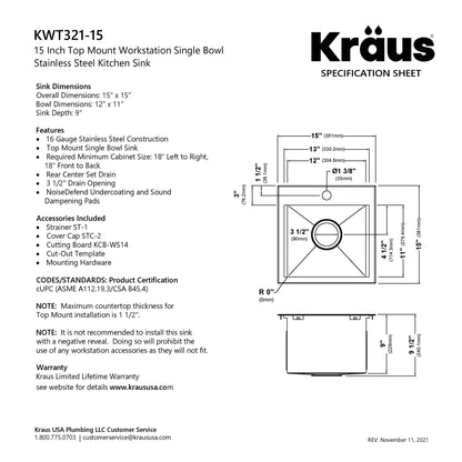 KRAUS Kore 15" Drop-In Workstation 16 Gauge Stainless Steel Square Prep Sink with Accessories - KWT321-15