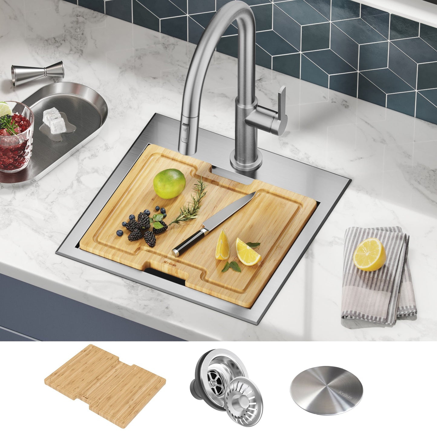 KRAUS Kore 15" Drop-In Workstation 16 Gauge Stainless Steel Square Prep Sink with Accessories - KWT321-15