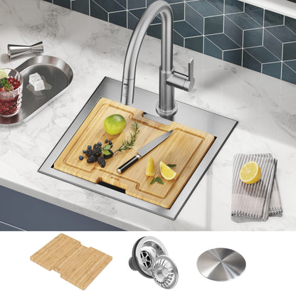 KRAUS Kore 15" Drop-In Workstation 16 Gauge Stainless Steel Square Prep Sink with Accessories - KWT321-15