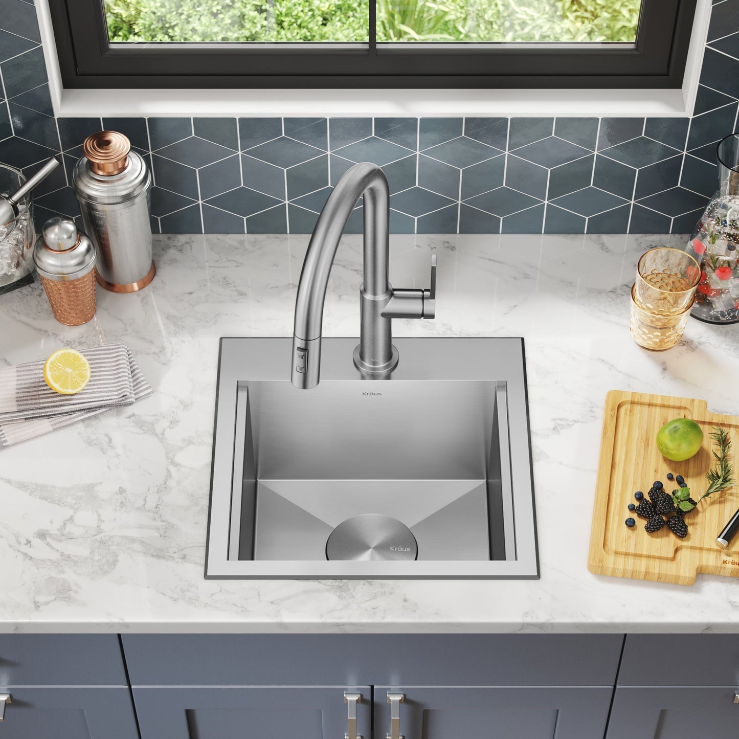 KRAUS Kore 15" Drop-In Workstation 16 Gauge Stainless Steel Square Prep Sink with Accessories - KWT321-15