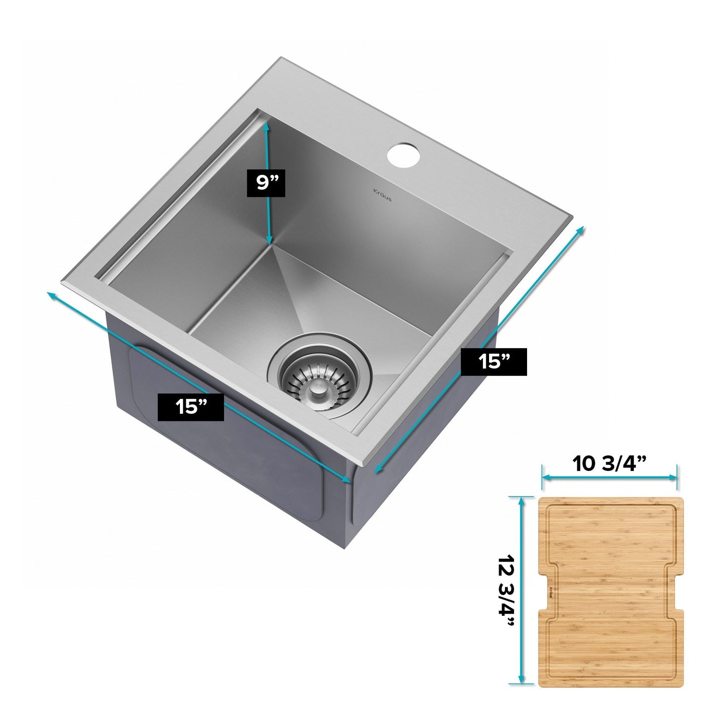 KRAUS Kore 15" Drop-In Workstation 16 Gauge Stainless Steel Square Prep Sink with Accessories - KWT321-15