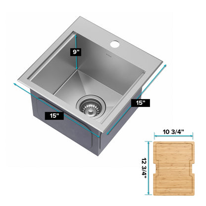 KRAUS Kore 15" Drop-In Workstation 16 Gauge Stainless Steel Square Prep Sink with Accessories - KWT321-15