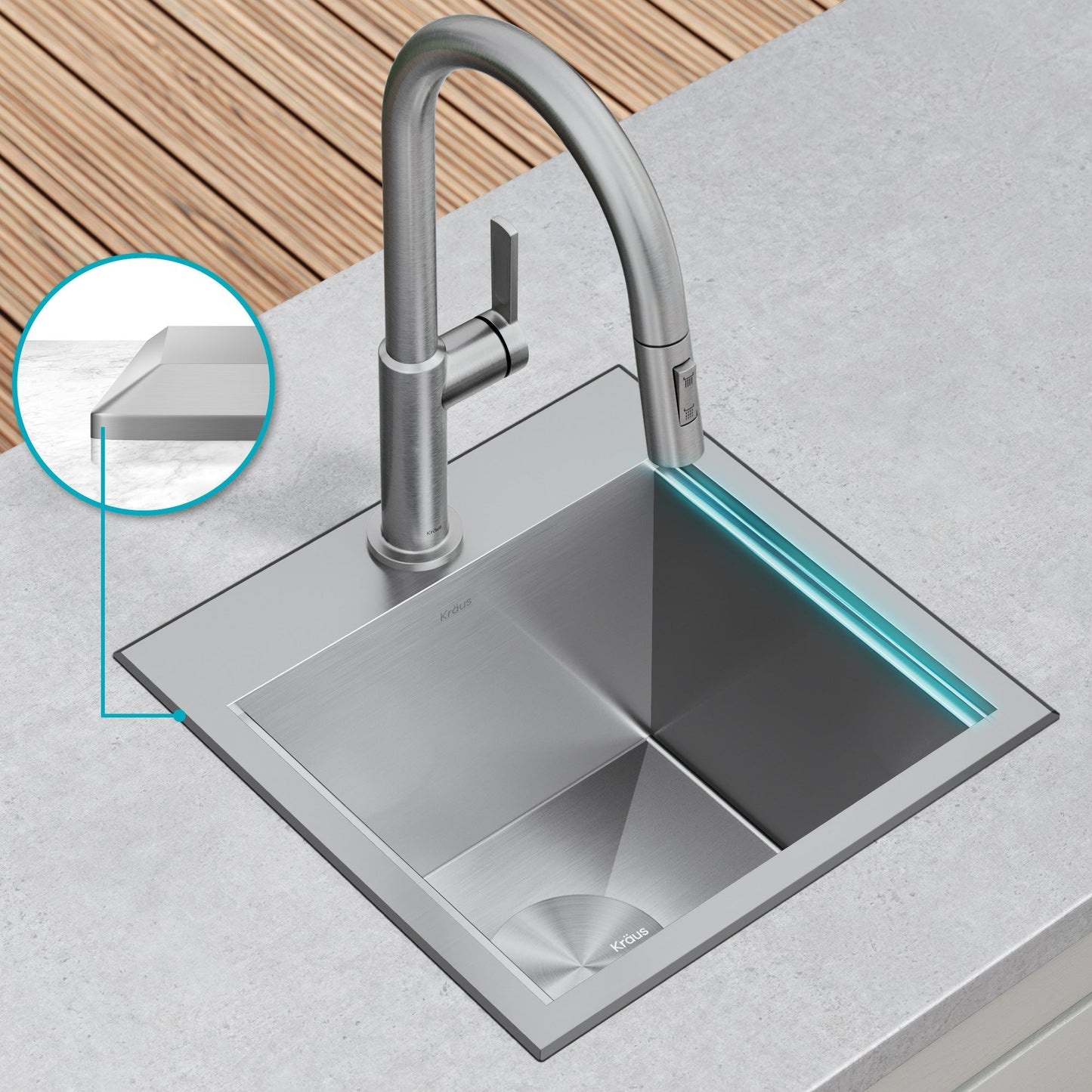 KRAUS Kore 15" Drop-In Workstation 16 Gauge Stainless Steel Square Prep Sink with Accessories - KWT321-15