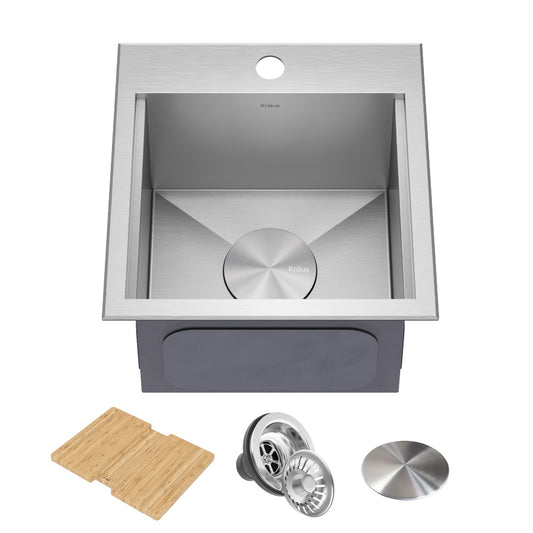 KRAUS Kore 15" Drop-In Workstation 16 Gauge Stainless Steel Square Prep Sink with Accessories - KWT321-15