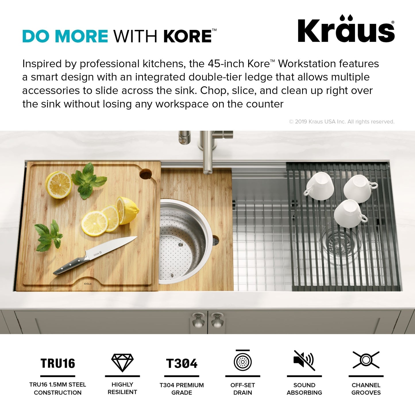 KRAUS Kore 2-Tier Workstation 45" Undermount 16 Gauge Single Bowl Stainless Steel Kitchen Sink with Accessories - KWU120-45