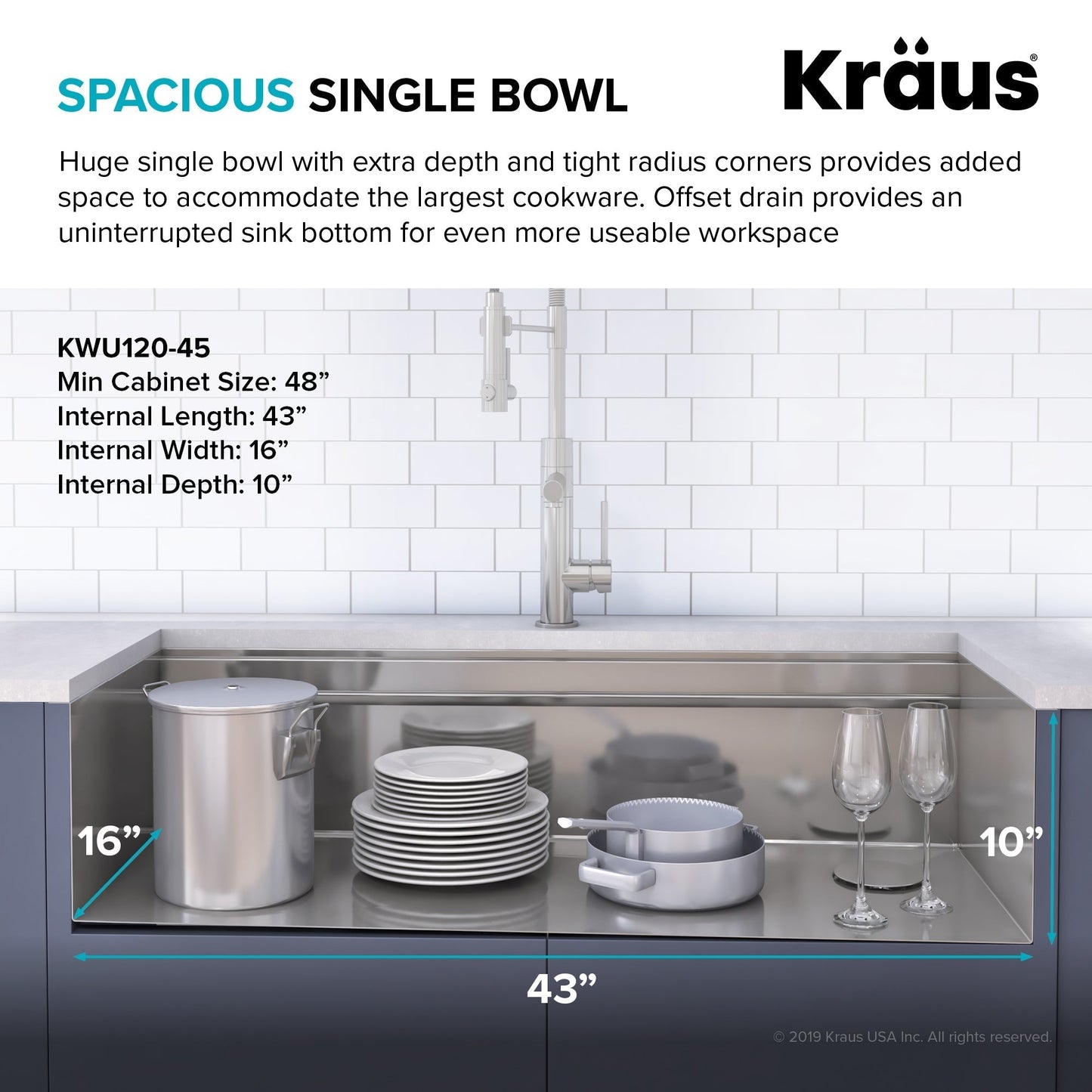 KRAUS Kore 2-Tier Workstation 45" Undermount 16 Gauge Single Bowl Stainless Steel Kitchen Sink with Accessories - KWU120-45