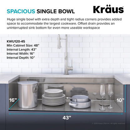 KRAUS Kore 2-Tier Workstation 45" Undermount 16 Gauge Single Bowl Stainless Steel Kitchen Sink with Accessories - KWU120-45
