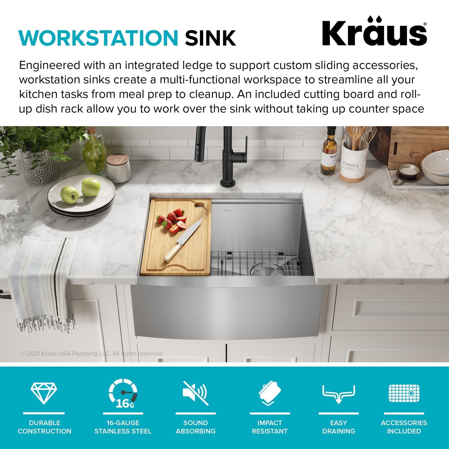 KRAUS Kore 24" Apron Front Workstation 16 Gauge Stainless Steel Single Bowl Kitchen Sink with Accessories - KWF210-24