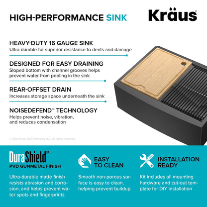 KRAUS Kore 27" Apron Front Workstation 16 Gauge Stainless Steel Kitchen Sink in PVD Gunmetal Finish - KWF210-27-PGM