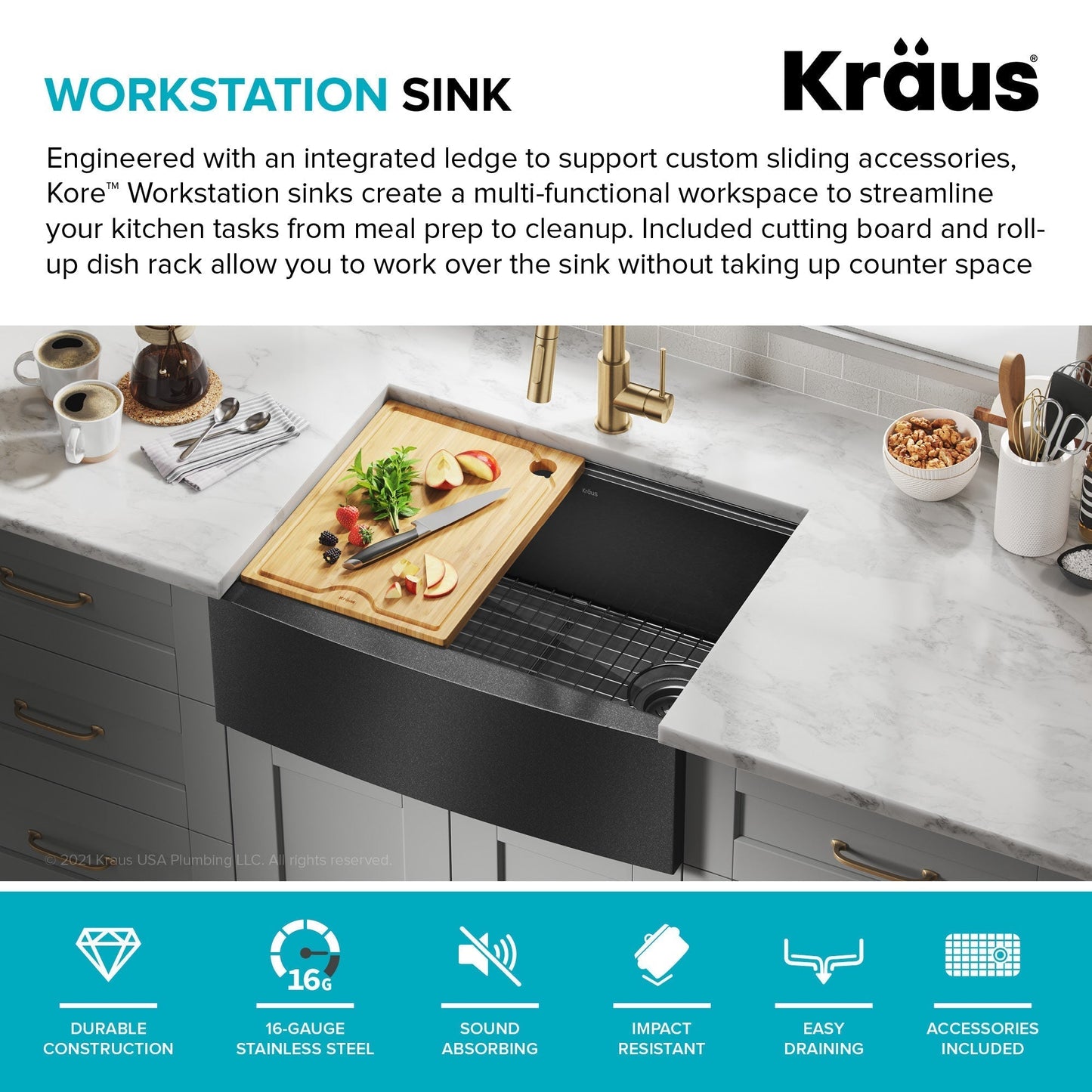 KRAUS Kore 27" Apron Front Workstation 16 Gauge Stainless Steel Kitchen Sink in PVD Gunmetal Finish - KWF210-27-PGM