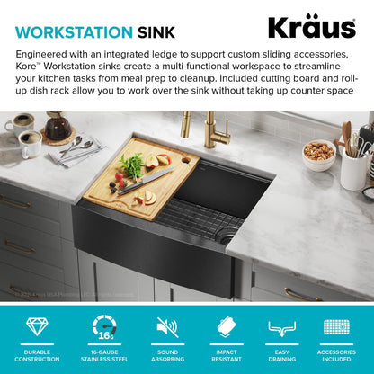 KRAUS Kore 27" Apron Front Workstation 16 Gauge Stainless Steel Kitchen Sink in PVD Gunmetal Finish - KWF210-27-PGM