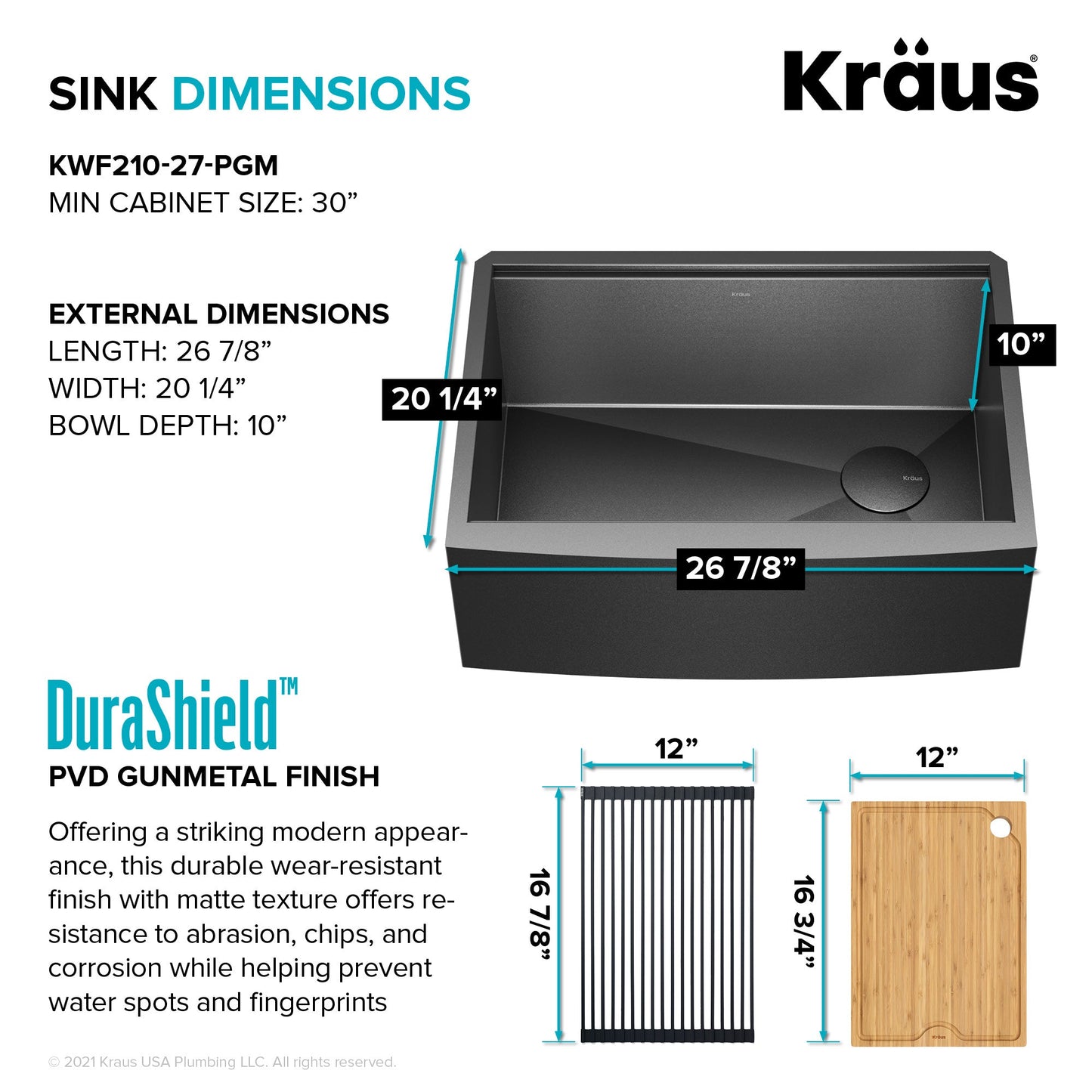 KRAUS Kore 27" Apron Front Workstation 16 Gauge Stainless Steel Kitchen Sink in PVD Gunmetal Finish - KWF210-27-PGM