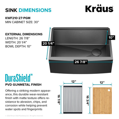 KRAUS Kore 27" Apron Front Workstation 16 Gauge Stainless Steel Kitchen Sink in PVD Gunmetal Finish - KWF210-27-PGM