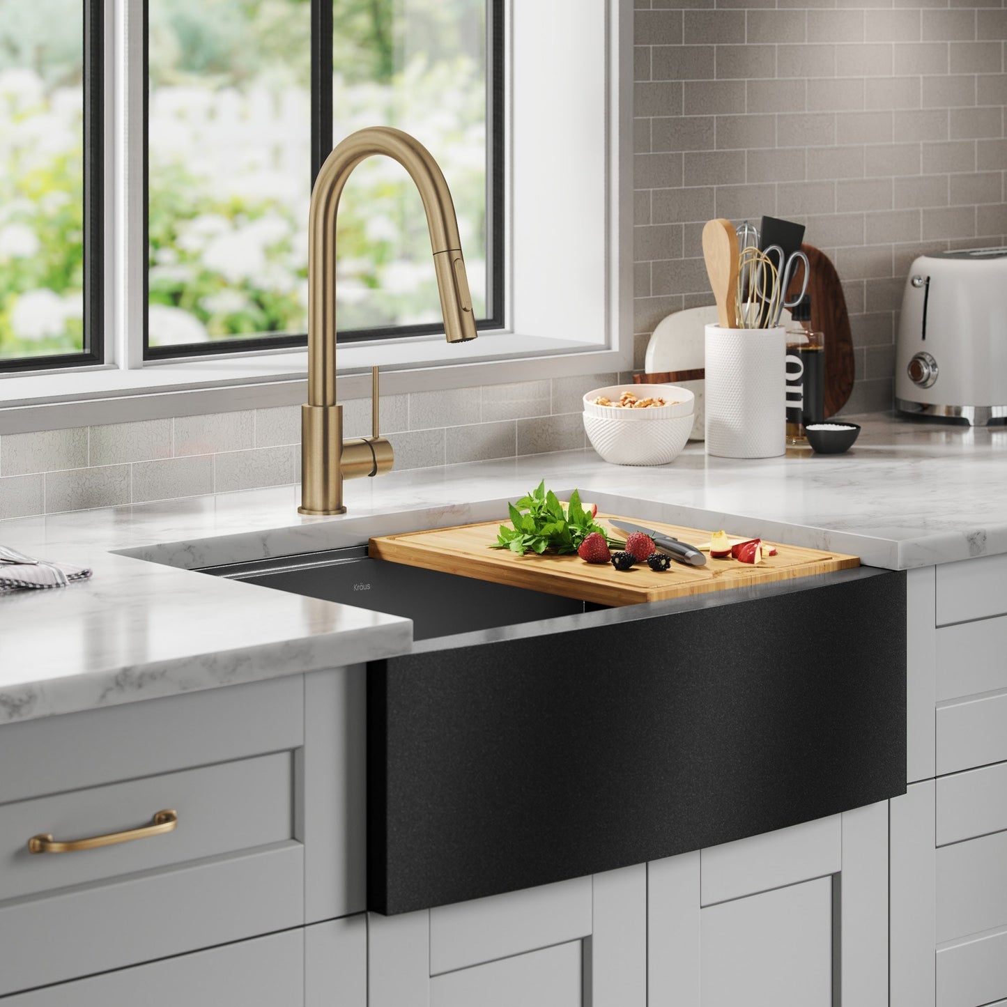 KRAUS Kore 27" Apron Front Workstation 16 Gauge Stainless Steel Kitchen Sink in PVD Gunmetal Finish - KWF210-27-PGM