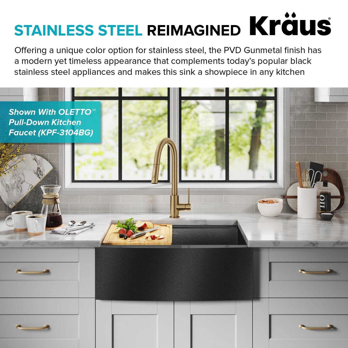 KRAUS Kore 27" Apron Front Workstation 16 Gauge Stainless Steel Kitchen Sink in PVD Gunmetal Finish - KWF210-27-PGM