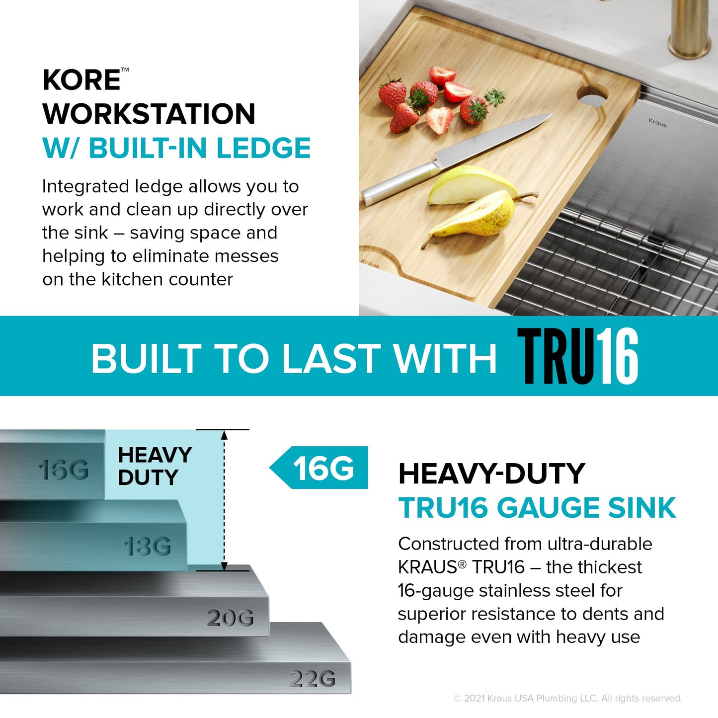 KRAUS Kore 28" Undermount Workstation 16 Gauge Stainless Steel Single Bowl Kitchen Sink with Accessories - KWU110-28