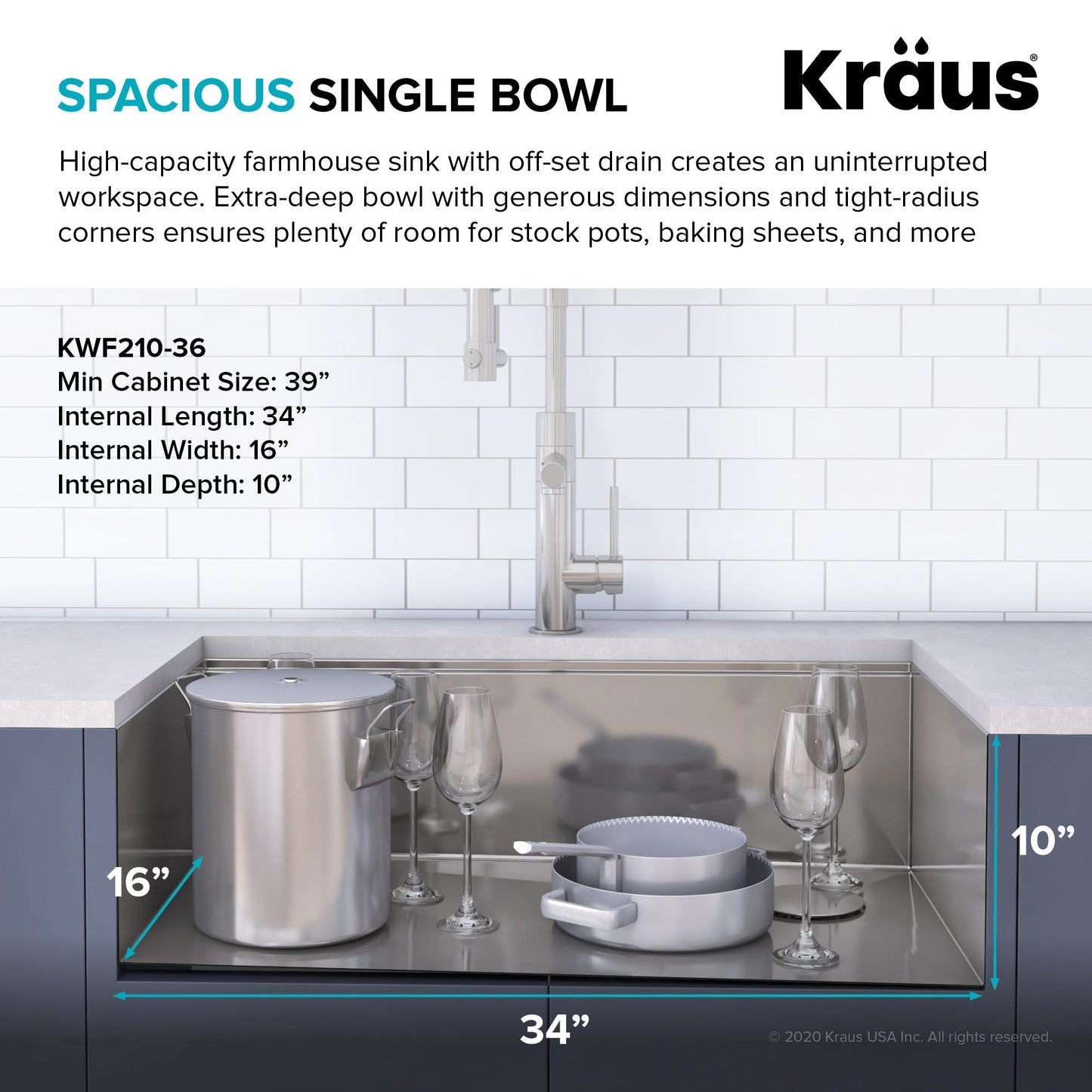 KRAUS Kore 36" 16 Gauge Stainless Steel Farmhouse Workstation Kitchen Sink - KWF210-36