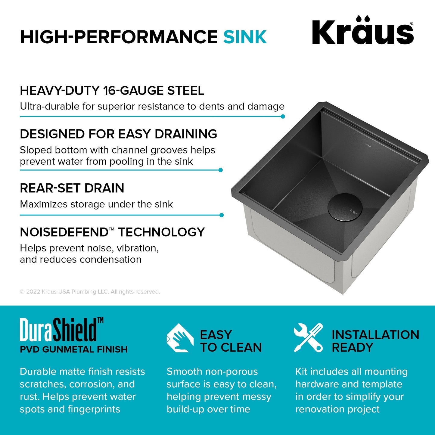 KRAUS Kore Workstation 17" Undermount 16 Gauge Bar or Prep Sink in PVD Gunmetal - KWU1101-17-PGM
