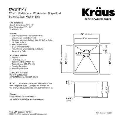 KRAUS Kore Workstation 17" Undermount 16 Gauge Single Bowl Stainless Steel Bar Sink with Accessories - KWU111-17