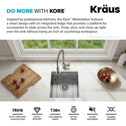 KRAUS Kore Workstation 17" Undermount 16 Gauge Single Bowl Stainless Steel Bar Sink with Accessories - KWU111-17