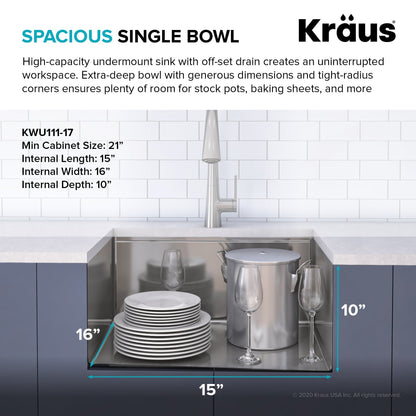 KRAUS Kore Workstation 17" Undermount 16 Gauge Single Bowl Stainless Steel Bar Sink with Accessories - KWU111-17
