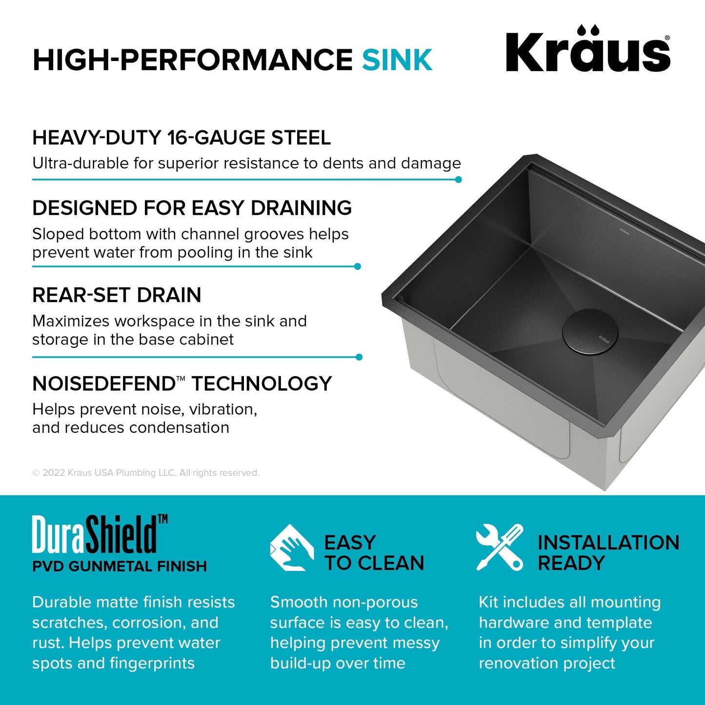 KRAUS Kore Workstation 21" Undermount 16 Gauge Bar or Kitchen Sink in PVD Gunmetal - KWU1101-21-PGM