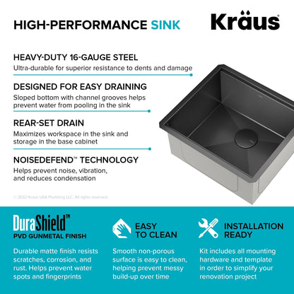 KRAUS Kore Workstation 21" Undermount 16 Gauge Bar or Kitchen Sink in PVD Gunmetal - KWU1101-21-PGM