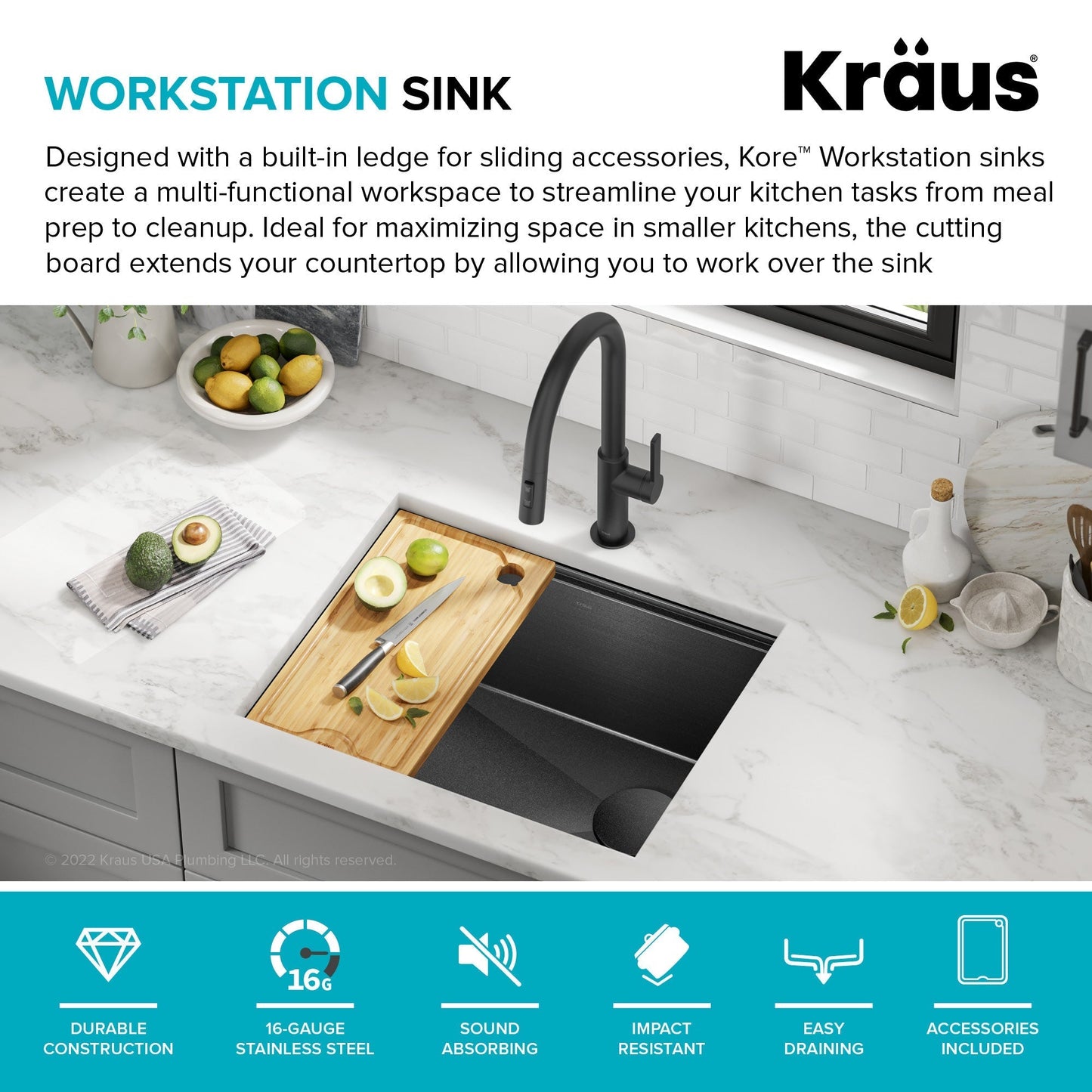 KRAUS Kore Workstation 23" Undermount Kitchen Sink in 16 Gauge PVD Gunmetal - KWU1111-23-PGM