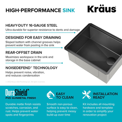 KRAUS Kore Workstation 23" Undermount Kitchen Sink in 16 Gauge PVD Gunmetal - KWU1111-23-PGM