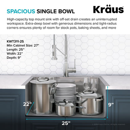 KRAUS Kore Workstation 25" Drop-In or Undermount 16 Gauge Kitchen Sink with Accessories - KWT311-25