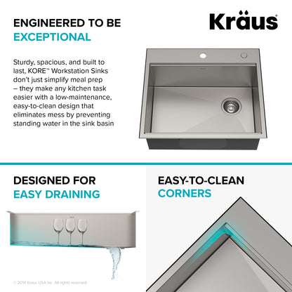 KRAUS Kore Workstation 25" Drop-In or Undermount 16 Gauge Kitchen Sink with Accessories - KWT311-25