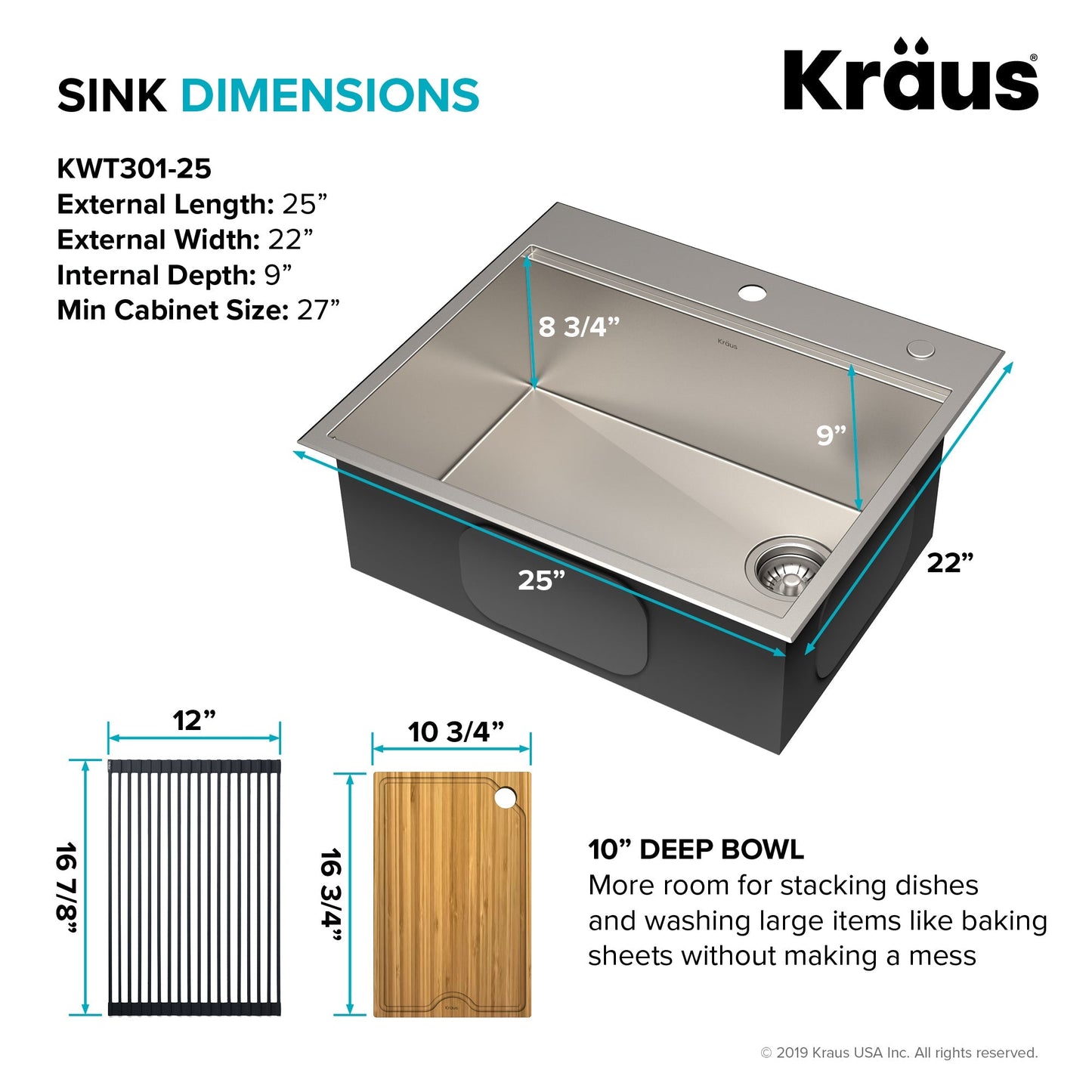 KRAUS Kore Workstation 25" Drop-In or Undermount 16 Gauge Kitchen Sink with Accessories - KWT311-25