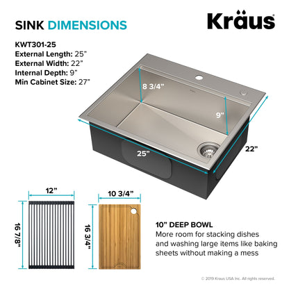 KRAUS Kore Workstation 25" Drop-In or Undermount 16 Gauge Kitchen Sink with Accessories - KWT311-25