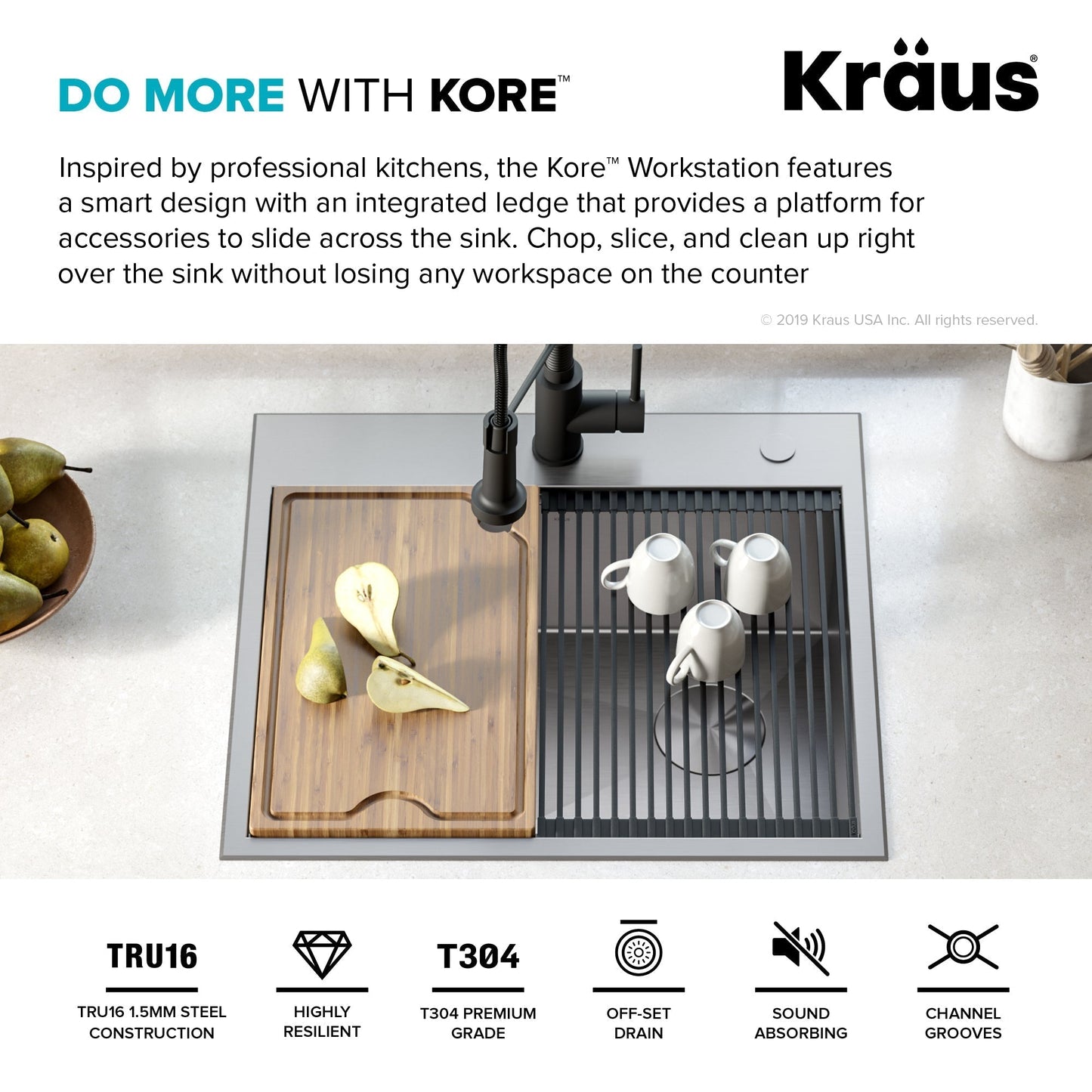KRAUS Kore Workstation 25" Drop-In or Undermount 16 Gauge Kitchen Sink with Accessories - KWT311-25