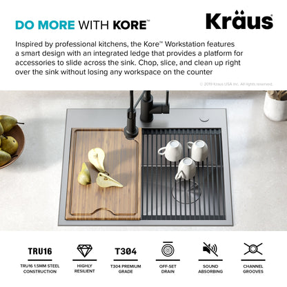KRAUS Kore Workstation 25" Drop-In or Undermount 16 Gauge Kitchen Sink with Accessories - KWT311-25