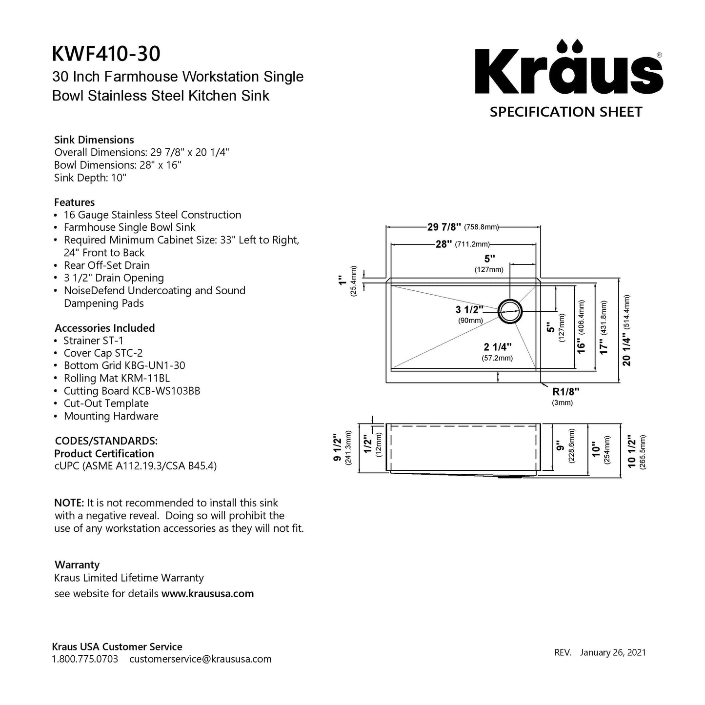 KRAUS Kore Workstation 30" Farmhouse Flat Apron Front 16 Gauge Single Bowl Stainless Steel Kitchen Sink - KWF410-30