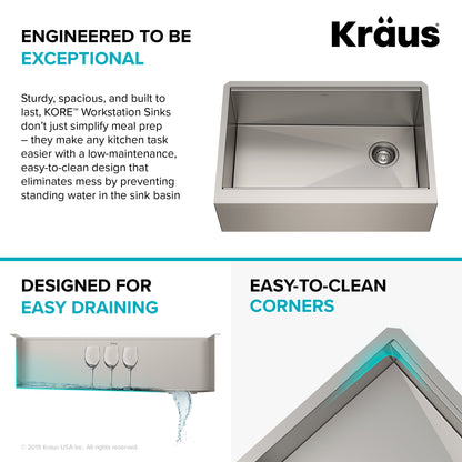 KRAUS Kore Workstation 30" Farmhouse Flat Apron Front 16 Gauge Single Bowl Stainless Steel Kitchen Sink - KWF410-30