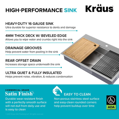 KRAUS Kore Workstation 33" Drop-In 16 Gauge 5.5" Deep Single Bowl ADA Kitchen Sink - KWT310-33/5.5