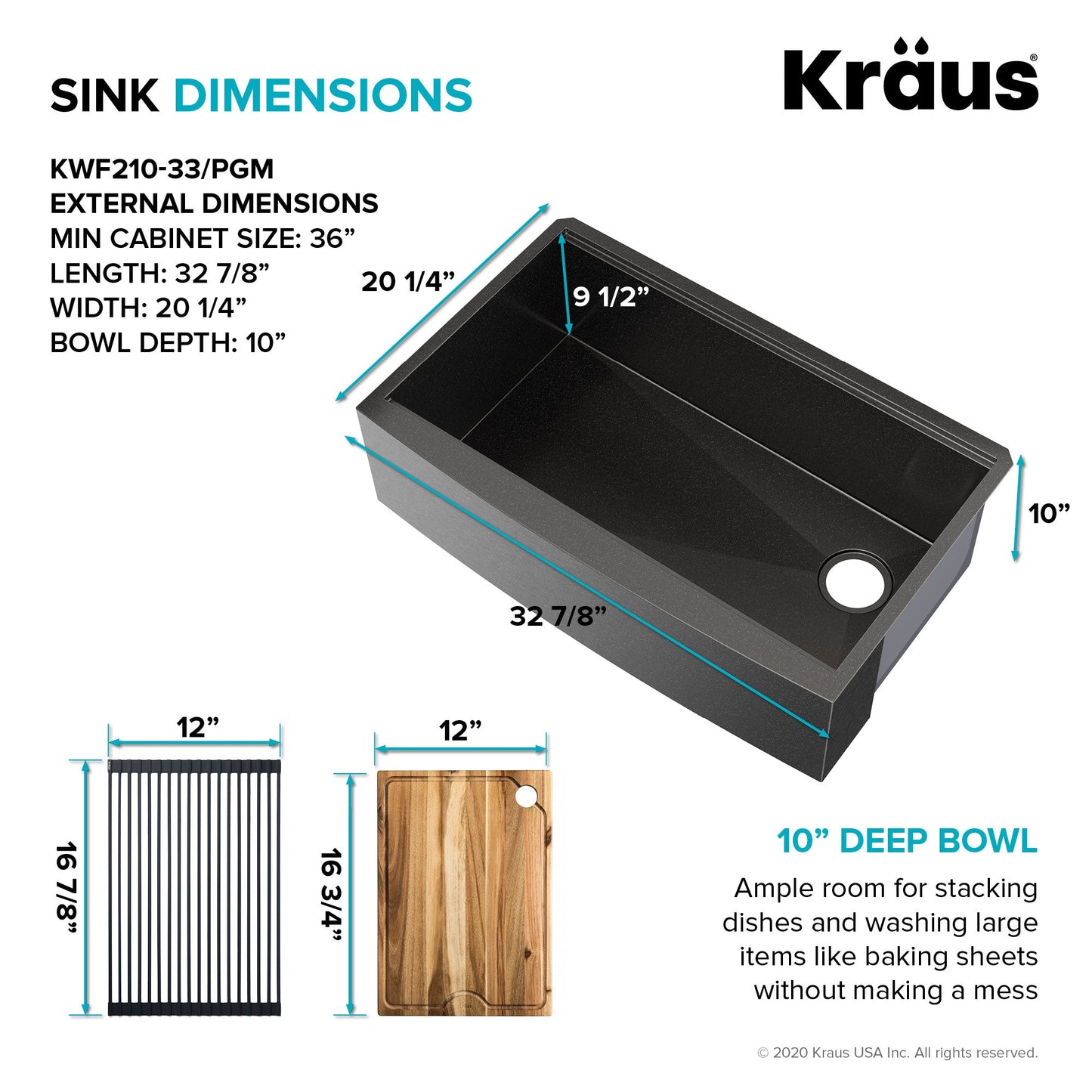 KRAUS Kore Workstation 33" Farmhouse Apron Front 16 Gauge Single Bowl Kitchen Sink in PVD Gunmetal - KWF210-33/PGM