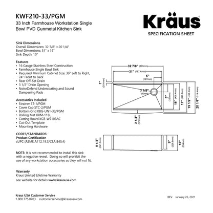 KRAUS Kore Workstation 33" Farmhouse Apron Front 16 Gauge Single Bowl Kitchen Sink in PVD Gunmetal - KWF210-33/PGM