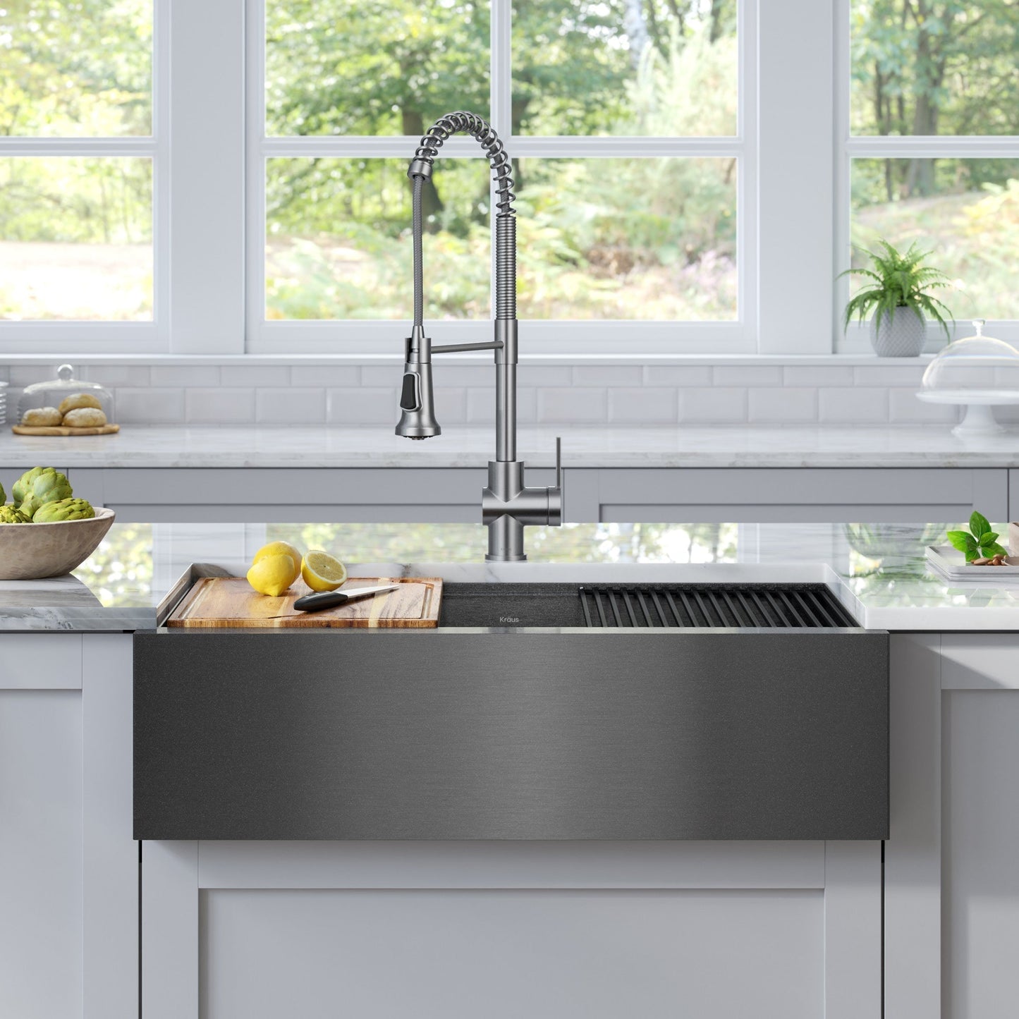 KRAUS Kore Workstation 33" Farmhouse Modern Flat Apron Front 16 Gauge Single Bowl Kitch - KWF410-33/PGMen Sink in PVD Gunmetal