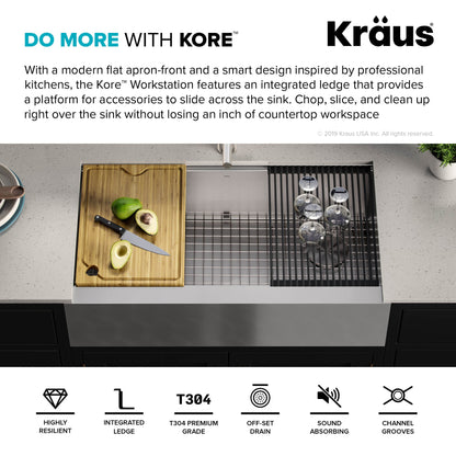 KRAUS Kore Workstation 36" Farmhouse Flat Apron Front 16 Gauge Single Bowl Stainless Steel Kitchen Sink with Accessories - KWF410-36