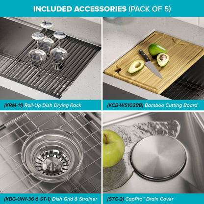 KRAUS Kore Workstation 36" Farmhouse Flat Apron Front 16 Gauge Single Bowl Stainless Steel Kitchen Sink with Accessories - KWF410-36
