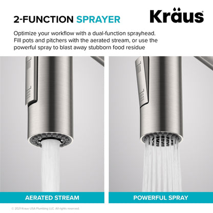 KRAUS Oletto Commercial Style Pull-Down Single Handle Kitchen Faucet in Brushed Brass - KPF-2631BB